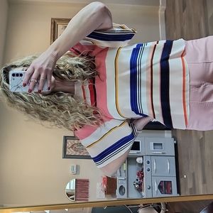 Kate Spade Berber Stripe Flutter Sleeve Top Pink Blue Yellow Playful Blouse M